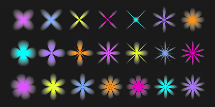 Y2K Trendy Blurred Objects Flowers Stars Sparks. Retro Blur Gradient Graphic Design Elements. Geometric Figure Shapes  Blur effect Decorative 2000s Aesthetic. Modern Icons Flowers Vector Illustration 