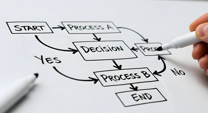 Business Process Flowchart Diagram on Whiteboard Hand Drawing Decision Tree and Plan Strategy
