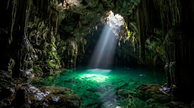 Sunlight rays streaming into a subterranean cenote water cavern with underground