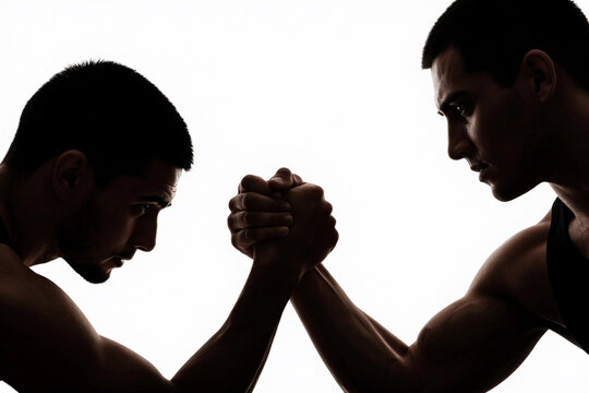 Two muscular men grip fists, eyes locked in fierce competition.