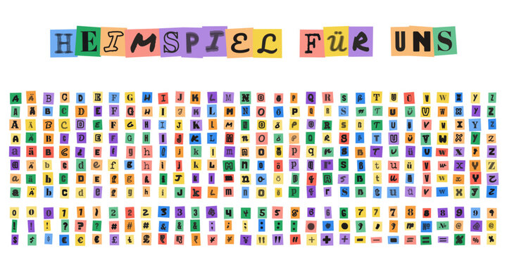 Heimspiel fuer uns, Erpresserbrief Buchstaben Set, ausgeschnittene bunte Zeitungsbuchstaben fuer kreative Collagen und Designprojekte