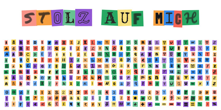 STOLZ AUF MICH Erpresserbrief Alphabet Set, bunte Buchstaben Schnipsel Collage, kreative Typografie fuer Design Projekte und Einladungen