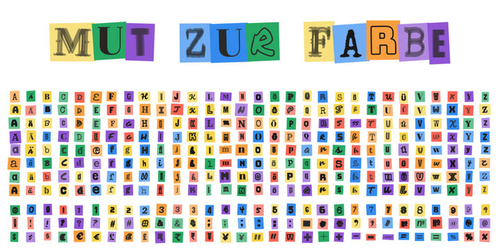 MUT ZUR FARBE Buchstaben Set im Erpresserbrief Stil fuer kreative Designs und auffaellige Typografie Projekte fuer Print und Web