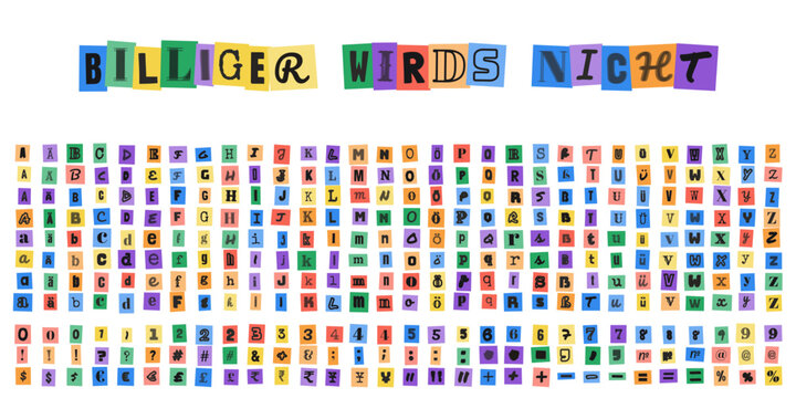 Billiger wirds nicht, Erpresserbrief Alphabet Set, ausgeschnittene Buchstaben und Zahlen aus Zeitschriften f&uuml;r kreative Collagen und Designs