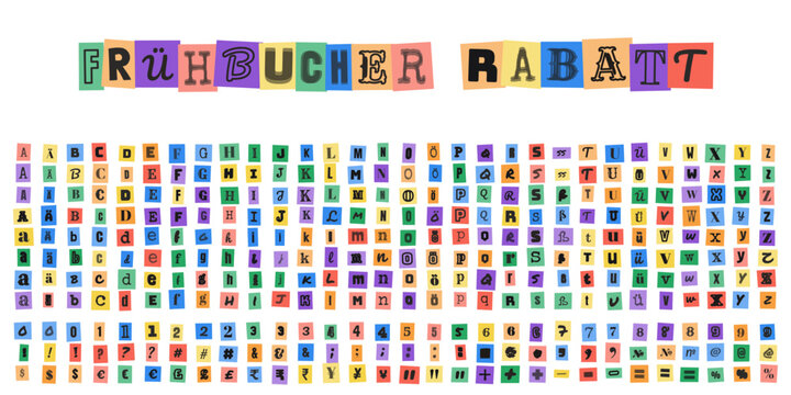 FR&Uuml;HBUCHER RABATT Buchstaben Set im Erpresserbrief Stil fuer kreative Rabattaktionen und auffaellige Werbebanner im Webdesign