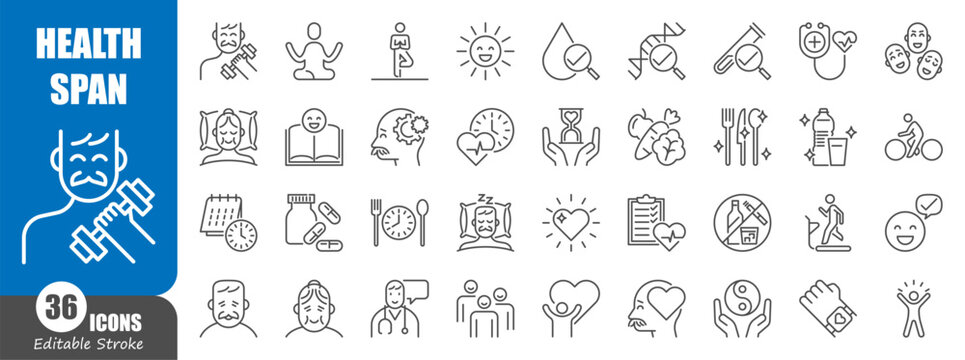Healthspan and longevity thin line icons set. Ideal for wellness, active aging, fitness, nutrition, and medical healthcare linear vector symbols.