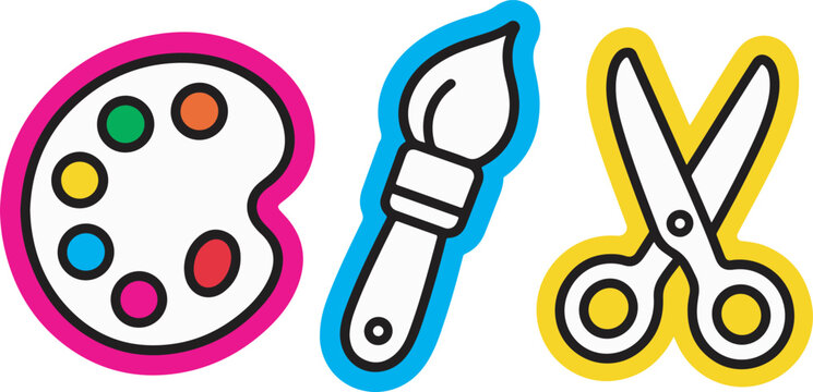 Colorful artistic tools for painting and cutting isolated on transparent background