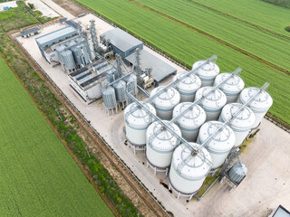 Aerial view of modern large grain silos next to green fields © zhu difeng