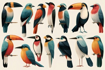 Fototapeta premium Assortment of colorful tropical birds perching on branches