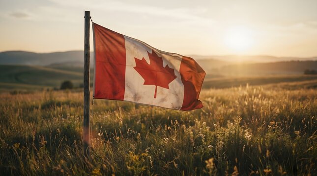 Canadian Flag Waving in Golden Sunset Meadow