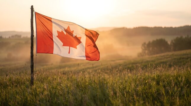 Canadian Flag Waving in Golden Sunset Meadow