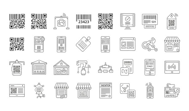 Modern barcode and retail technology outline icon collection vector design