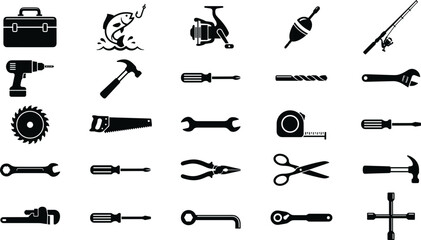 Hardware Hand Tools and Fishing Equipment Silhouette Icon Set Featuring Hammer Wrench Screwdriver Pliers Fishing Rod and Tackle Box for Workshop and Outdoor Designs © Mdsumon
