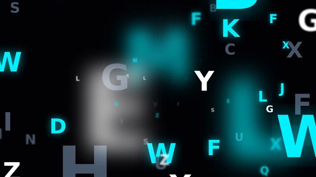 Dynamic motion featuring floating colorful alphabet letters in a digital space with vibrant glowing effects and smooth transitions.