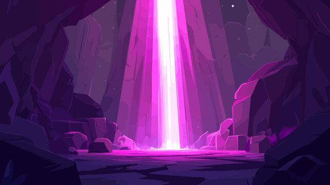 Vibrant digital illustration of a mystical purple waterfall in a cavern