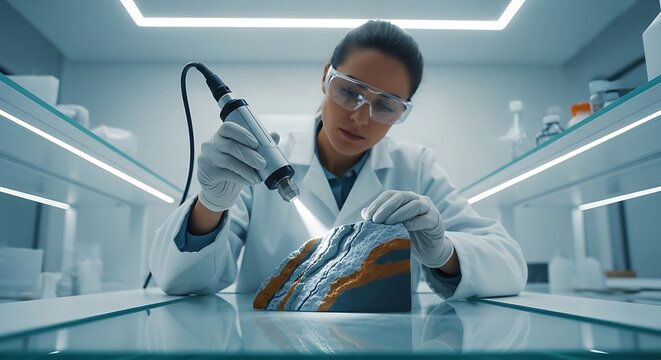 Female Scientist Using Laser Scanner to Analyze Rock Sample in Modern Laboratory