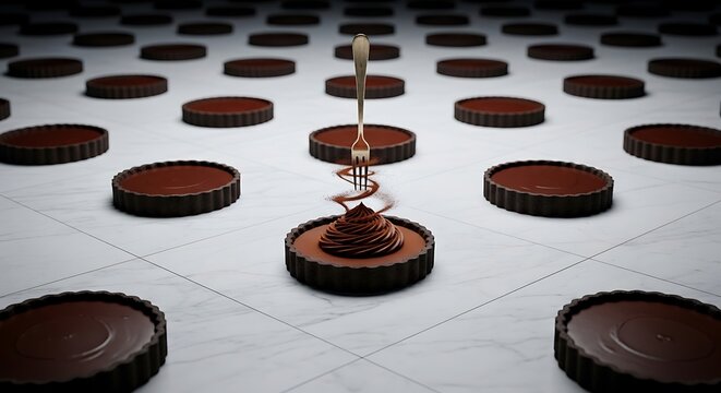 Elegant chocolate tart with swirl frosting and golden fork standing out from a grid pattern of chocolate desserts, 3d illustration