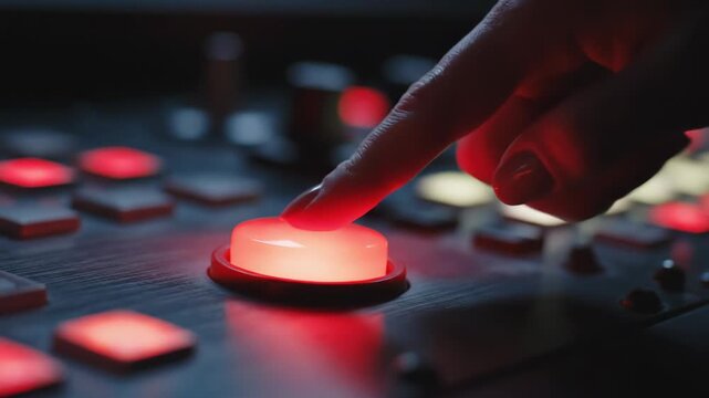 Close-up of a human finger pressing a bright, illuminated red round button on a dark technical control panel. The switch is glowing with other lit buttons in a shallow focus background.