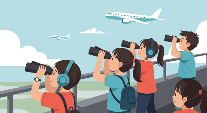 Young Children Joyfully Watching Airplanes Soar Through the Daytime Sky, Captured in a Moment of Pure Wonder and Fascination