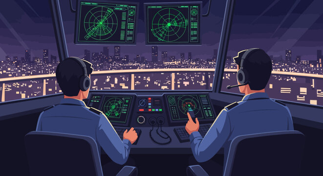Air Traffic Controller Working With Radar Screen And Aircraft Navigation Systems