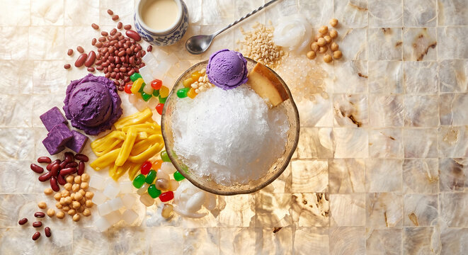 Flat lay of Halo-Halo ingredients on Capiz shell, copy space