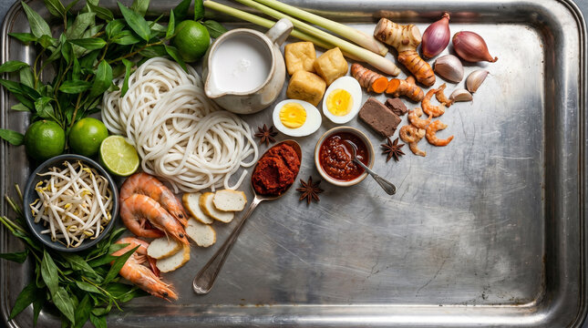 Flat lay of Laksa ingredients on pewter tray, copy space
