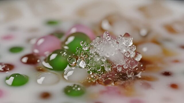 Closeup of colorful tapioca pearls in a creamy dessert.
