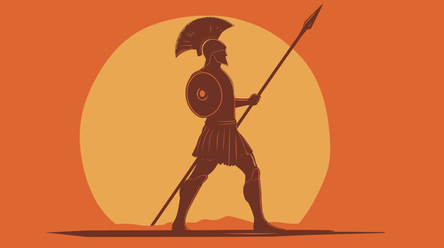 Silhouette of ancient Greek warrior with shield and spear, standing before a large sun
