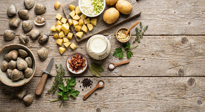 Flat lay of Clam Chowder ingredients on driftwood, copy space
