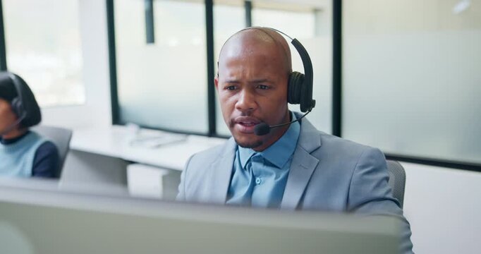 Call center, headset and black man with solution for customer support or communication. Tech agent, consultant or person talking with contact for help desk, crm or problem solving on computer