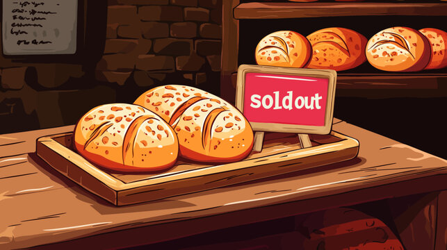 Warm bakery display with sold-out bread rolls on wooden table