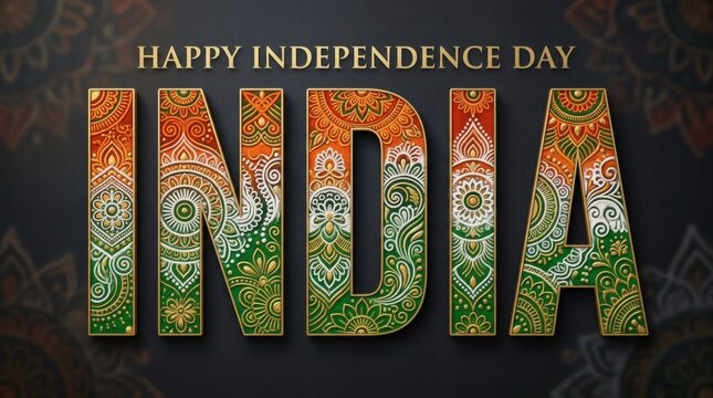 Decorative Tricolor India Typography Celebrating Independence Day on Dark Ornamental Background