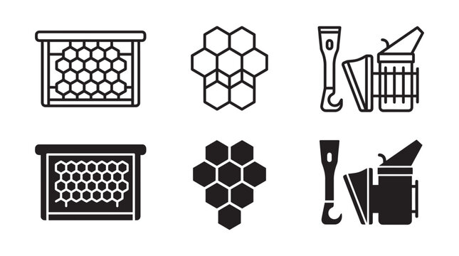 Beekeeping equipment icon set: honeycomb frame and smoker with beekeeping honeycomb agriculture equipment