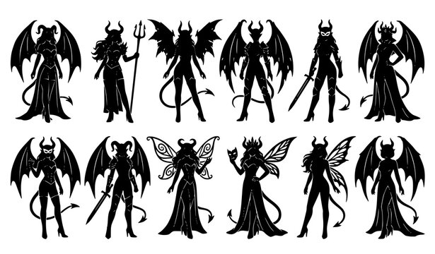 Black Female Demon Silhouettes Vector Collection with Fantasy Costumes Horns Wings and Accessories
