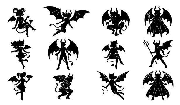 Female Devil Character Silhouettes Vector Pack with Cartoon Demon Women Horns Wings and Tails