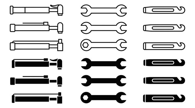 Bicycle repair tools icons: tire levers wrenches pump with maintenance transport equipment illustration