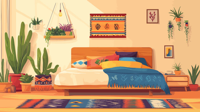 Cozy bedroom with wooden bed, colorful pillows, plants, and wall decor