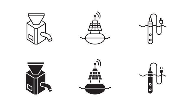 Collection of environmental water monitoring and sampling devices icons set with buoy and submersible sensor