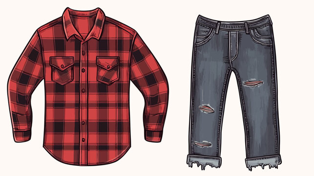 Red plaid button-up shirt with chest pockets and distressed jeans