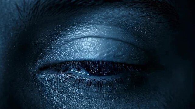 A close-up, high-definition capture of a human eye under cool blue lighting, evoking a sense of introspection, mystery, and the ephemeral nature of perception.