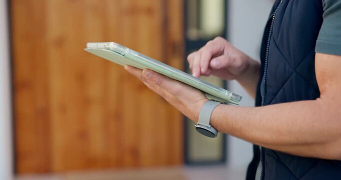 House, typing and hands of delivery man on tablet for shipping, order update and digital signature. Front door, ecommerce and person on tech for courier service, receipt and location for parcel