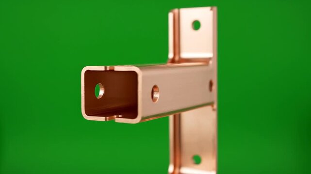 Copper t-shaped metal bracket rotating on green background