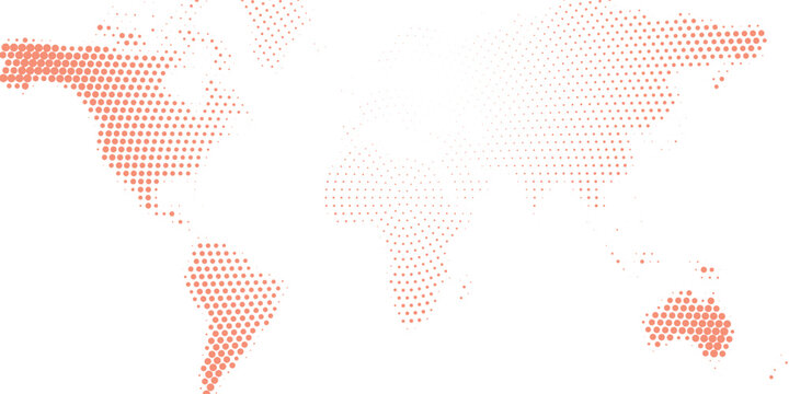 Red world map: abstract radial dotted pattern, geometric circles composition, vector illustration isolated