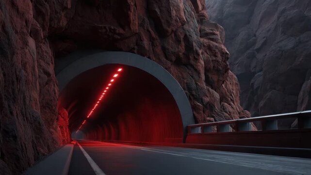 Mountain tunnel road red light rocky cliff dramatic travel scene, dark passage empty highway asphalt lane scenic canyon transportation safety, curving road mountain cliff concrete tunnel travel route