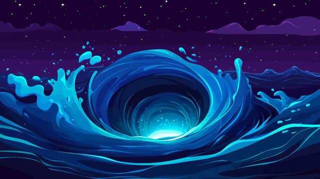 Vibrant digital illustration of a glowing whirlpool in a starry night ocean