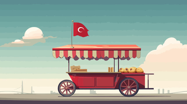A vintage-style street vendor cart with a Turkish flag, on a bridge under a cloudy sky