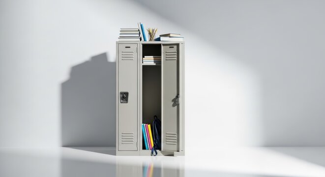 Metal locker in a bright studio with books and school supplies