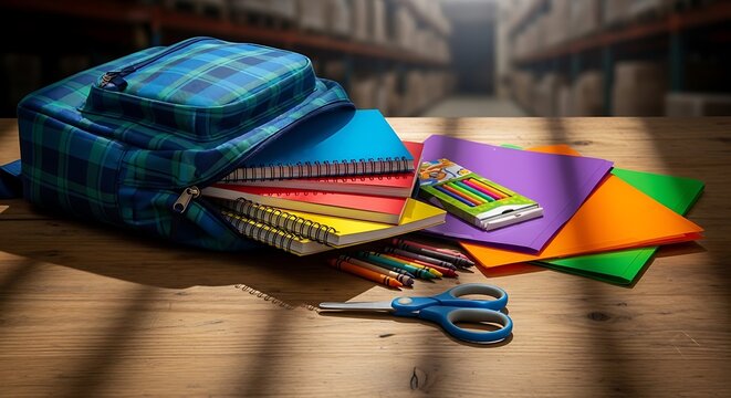 School supplies and backpack on a wooden table, ready for learning and creativity