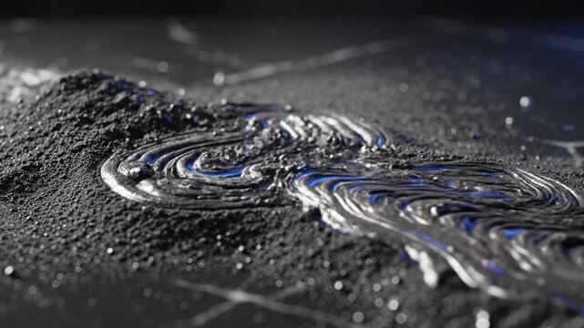 Black ferrofluid spikes reacting to magnetic field on dark stone