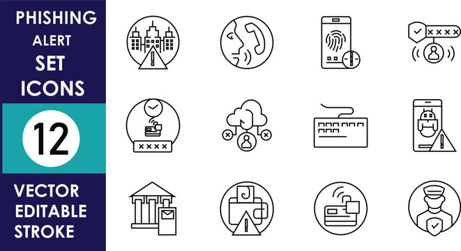 Minimal phishing alert icon set featuring cybersecurity, scam detection, data protection, warning notifications, secure communication, malware prevention, and digital security outline symbols